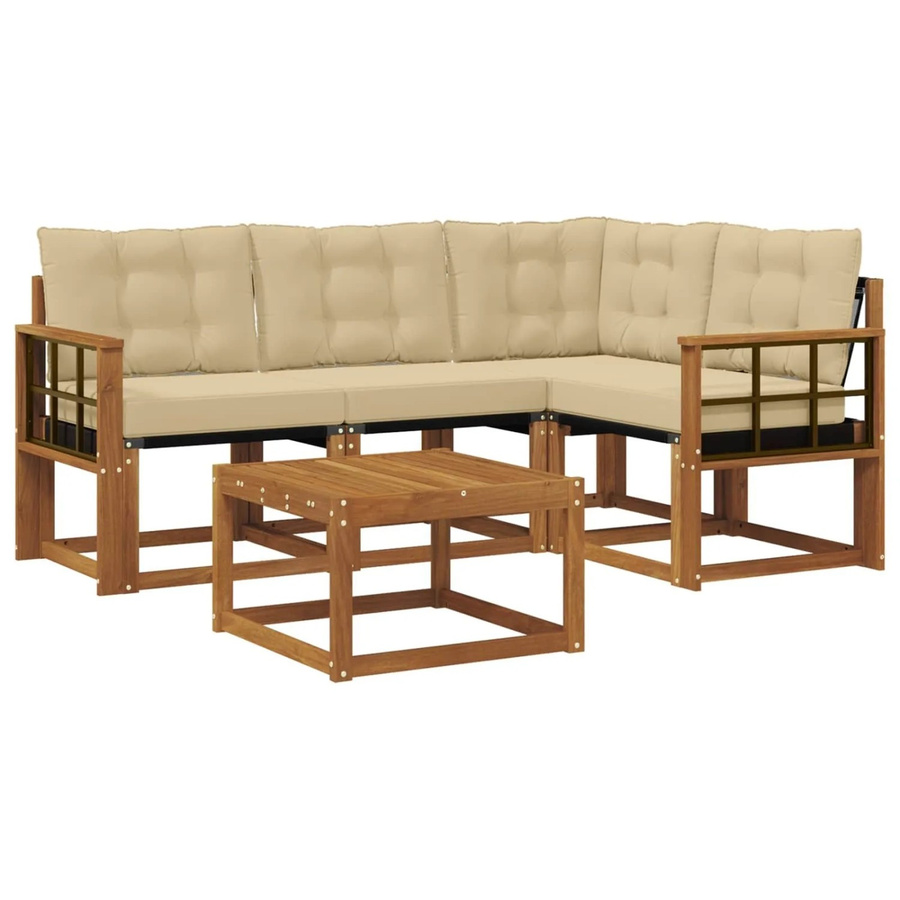 vidaXL Outdoor-Sofagarnitur 5-teilig aus Akazienholz in Braun und Beige mit L-Form, Eckelement, Couchtisch und Kissen für Garten und Terrasse - Bild 2