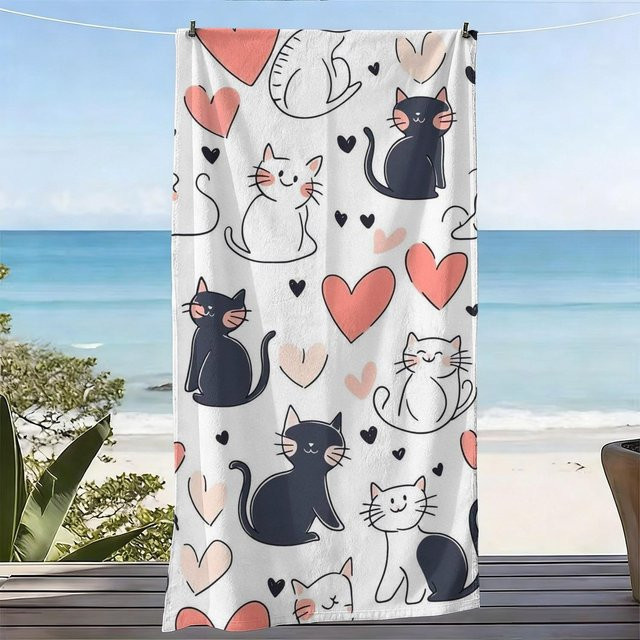 JMG Household Supplies Strandtuch mit Katzen- und Herz-Print in Weiß, B/B: 80 x 160 cm - Bild 1