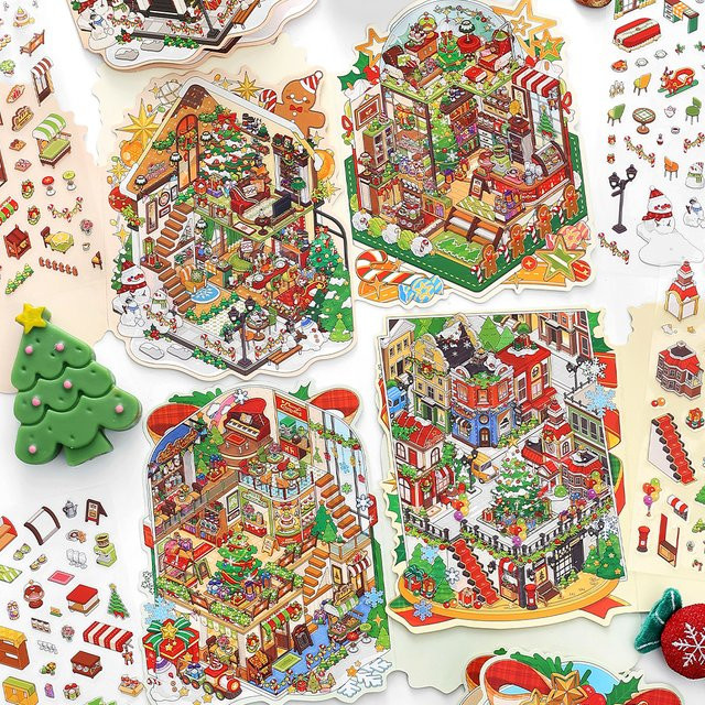 3er Set Frohe Weihnachten 2,5D PET Diorama Aufkleber in Weiß und Multicolour für Scrapbooking und DIY Projekte - Bild 1