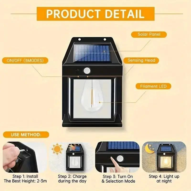 Kebidumei Solar Wandleuchte Retro Design mit Bewegungssensor IP65 LED Wolfram-Optik in Schwarz - Bild 7