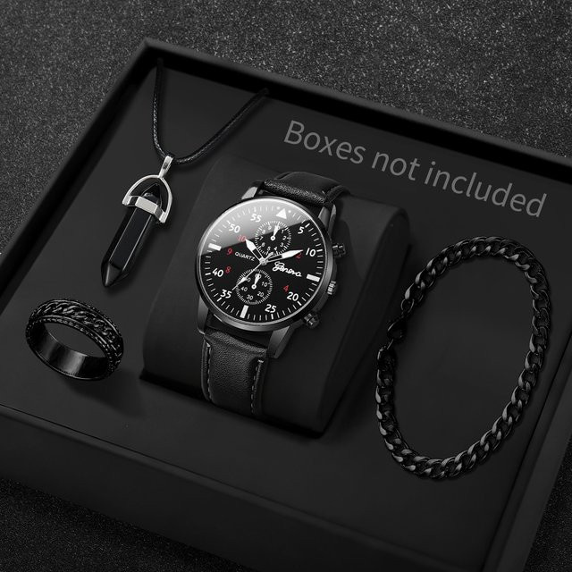 yolako Schmuck-Set, Armbanduhr, Quarz, Lederband, Schwarz, Herren - Bild 1