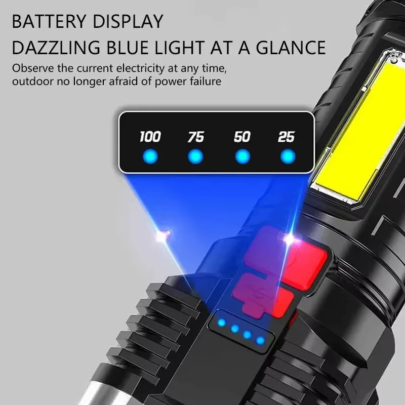 Wiederaufladbare LED-Taschenlampe mit Seitenlicht in Schwarz, wasserdichte Notfalllaterne für Outdoor und Camping - Bild 5