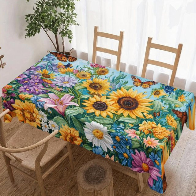 Wasserdichte Tischdecke mit Sonnenblumen- und Schmetterlingsmuster von JINGYUE Pet, rechteckig, Mehrfarbig, B: 140 cm, L: 180 cm - Bild 1