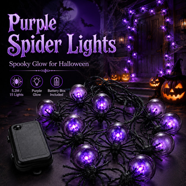Batteriebetriebene Halloween-Lichterkette mit Spinnengirlande und 15 LEDs in Lila, 5,2 m Länge - Bild 1