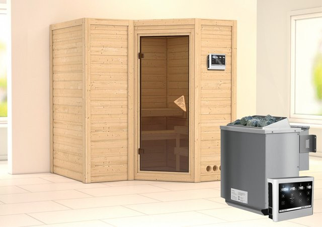 Karibu Massivholzsauna SAHIB 1 aus Fichte und Espe mit BioKombiofen 9,0 kW, Ganzglastür in Bronze, B/T/H: 193 x 184 x 212 cm - Bild 1