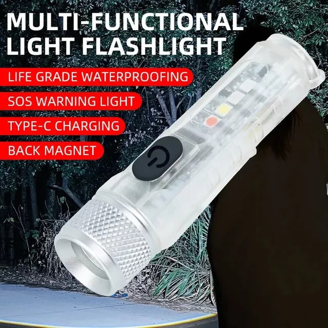 ESMARTER Mini LED Taschenlampe mit USB Typ C, wasserdichtes RGB Licht mit Clip, Magnet und Schlüsselanhänger, transparent - Bild 1