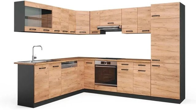 Vicco R-Line Eckküche Goldkraft Eiche und Anthrazit, moderne Einbauküche in Holzoptik, B/T/H: 227 x 287 x 207 cm - Bild 1