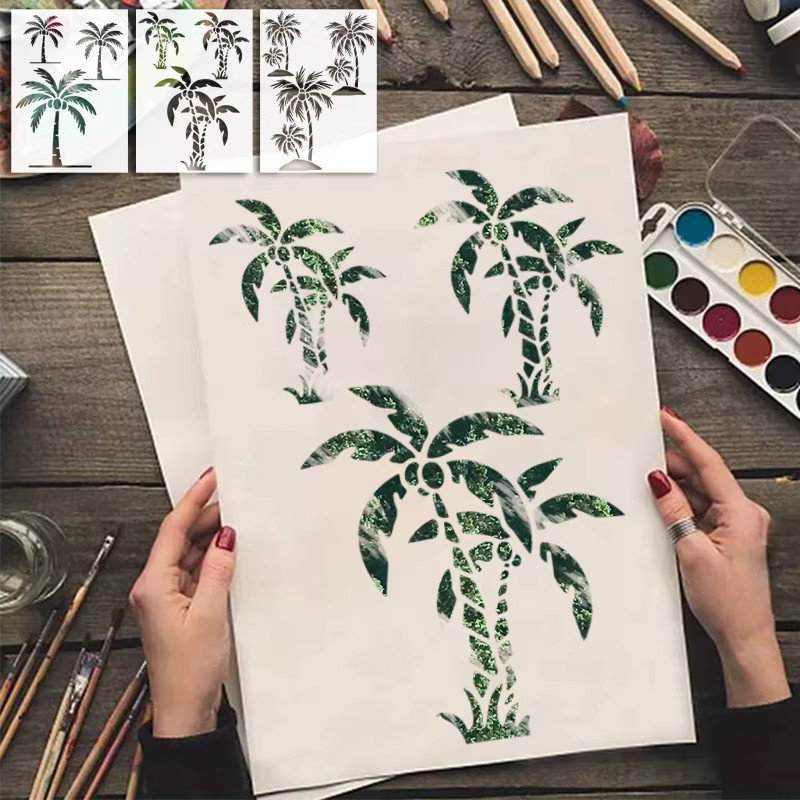 YOMDID 3er Set PET Schablonen mit Kokosnussbaum-Muster, transparente Malvorlagen für DIY Kunst, Airbrush und Dekoration - Bild 2