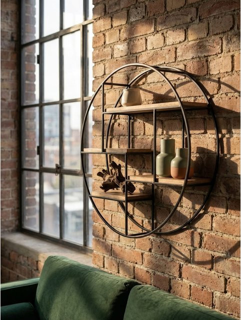 Wandregal KADIMA DESIGN aus Mango Massivholz und Metall im Industrial Stil, Rund, Braun, B/T/H: 70 x 70 x 18 cm - Bild 1