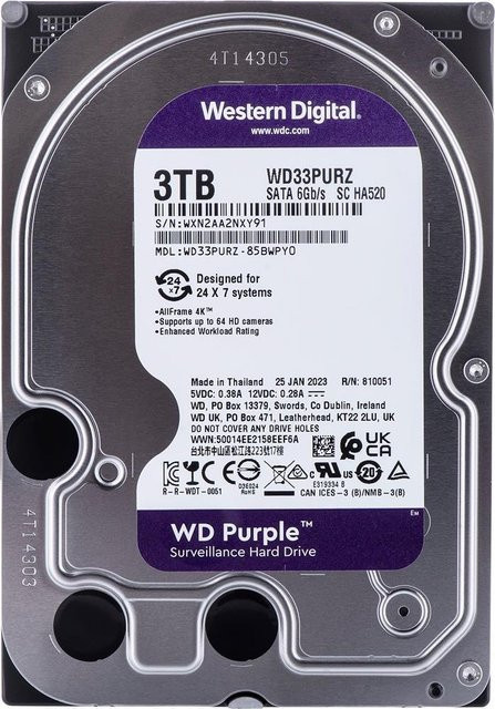 Western Digital Purple WD33PURZ HDD für Überwachungssysteme, 3TB, 3.5 Zoll, SATA 6Gb/s, 5400 U/min, 256MB Puffer, Silber - Bild 1