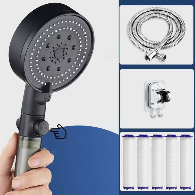 IOUHAPPY Duschkopf Set mit Handbrause und Filter in Matt Schwarz, 5 Funktionen, Hochdruck-Regenduschkopf mit Ein-/Ausschalter, 1,5 m Schlauch und Halterung - Bild 1