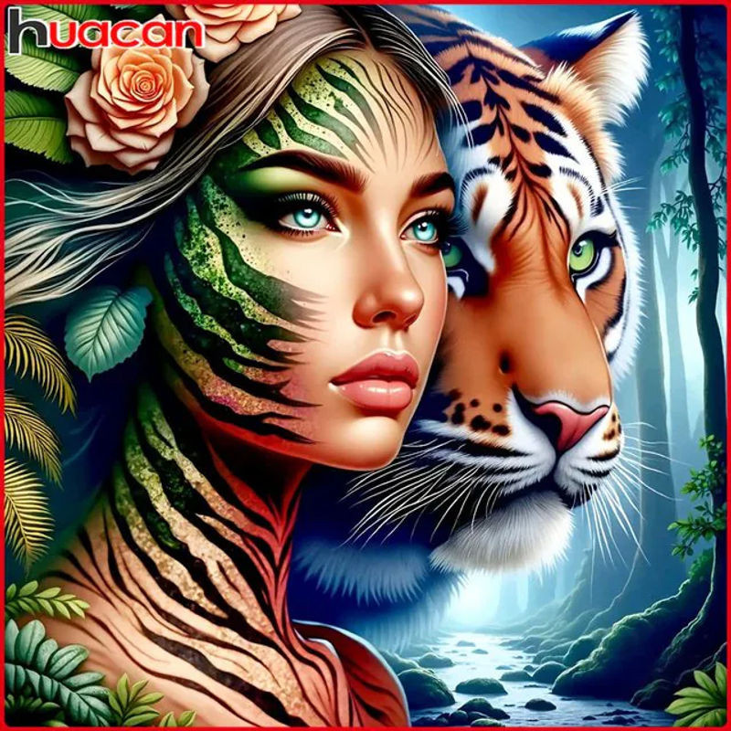 Huacan Diamantmalerei Tiger und Frau als Tierporträt Mosaik Set in Mehrfarbig - Bild 1