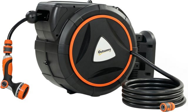 Outsunny Schlauchaufroller Orange mit 25 m Schlauch, 12 Sprühmodi und wandmontierbarem Halter mit 180 Grad Schwenkfunktion - Bild 1