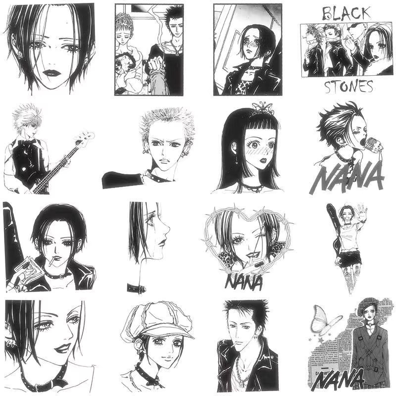 GOGOTU 64er Set Anime NANA Aufkleber in Schwarz und Weiß, wasserfeste PVC Graffiti Sticker zur DIY Dekoration für Laptop, Telefon und Schreibwaren - Bild 3