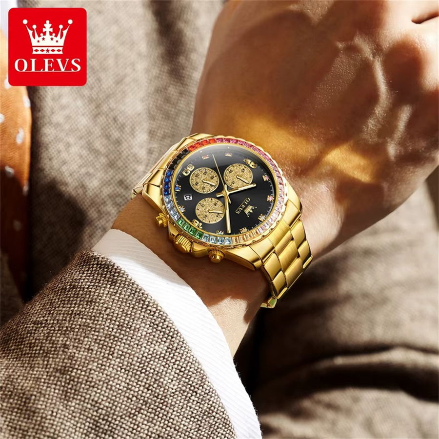 OLEVS Chronograph Herrenuhr, Edelstahl, Quarz, Regenbogen-Edelsteinlünette, Bunt - Bild 3