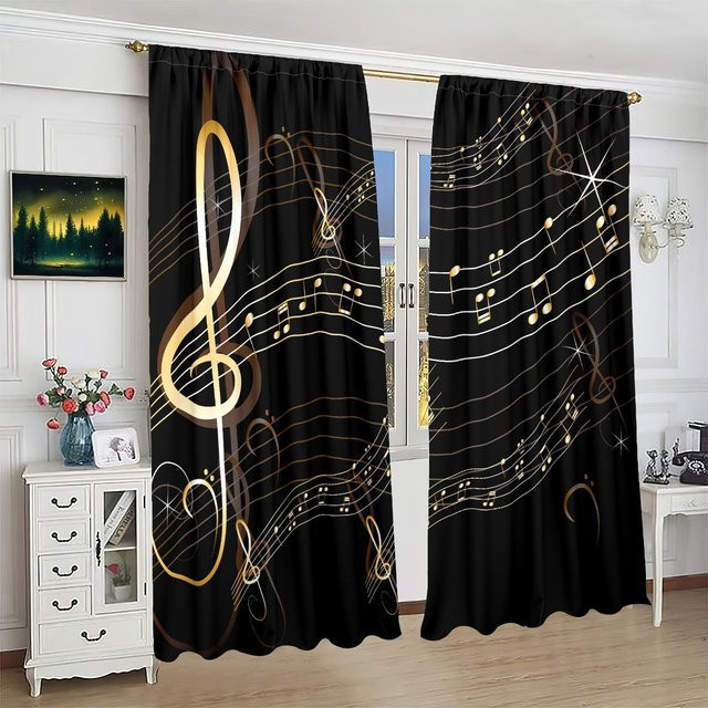 2er-Set Notenblatt Vorhang aus Polyester in Schwarz, semi-transparent für Schlafzimmer und Wohnzimmer - Bild 1