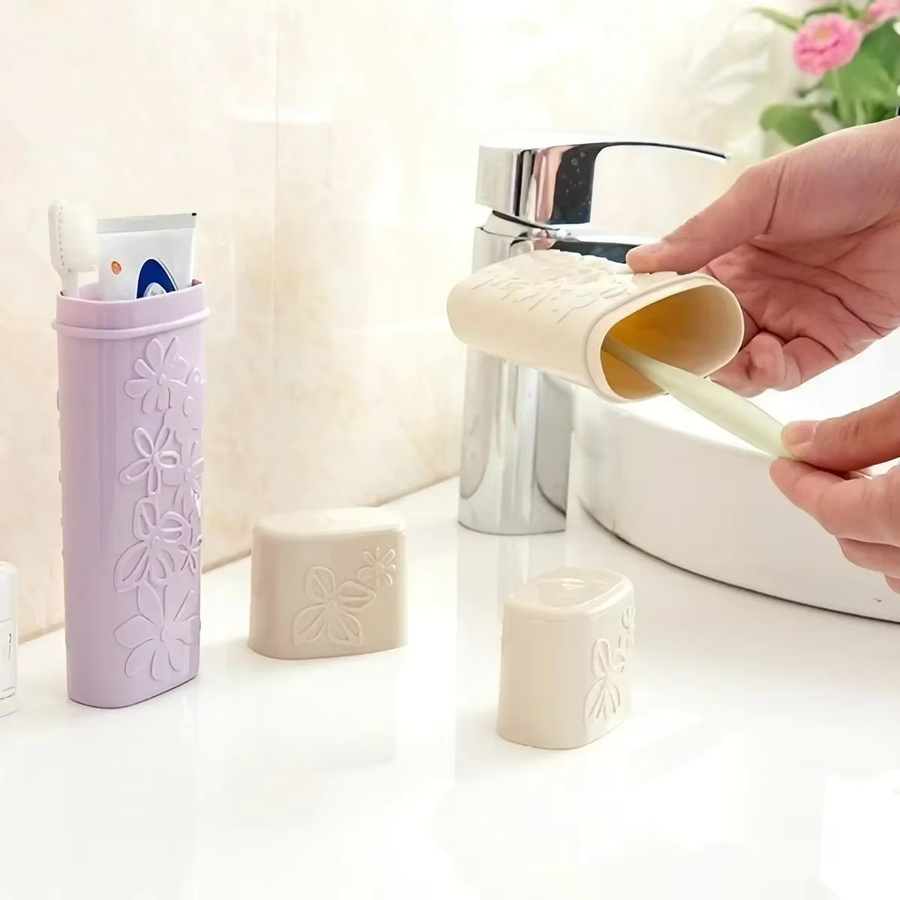 STONEGO Tragbare Reise-Zahnbürstenbox mit Zahnpastahalter, wasserdichter Organizer für Badezimmerutensilien in Beige und Multicolour - Bild 3