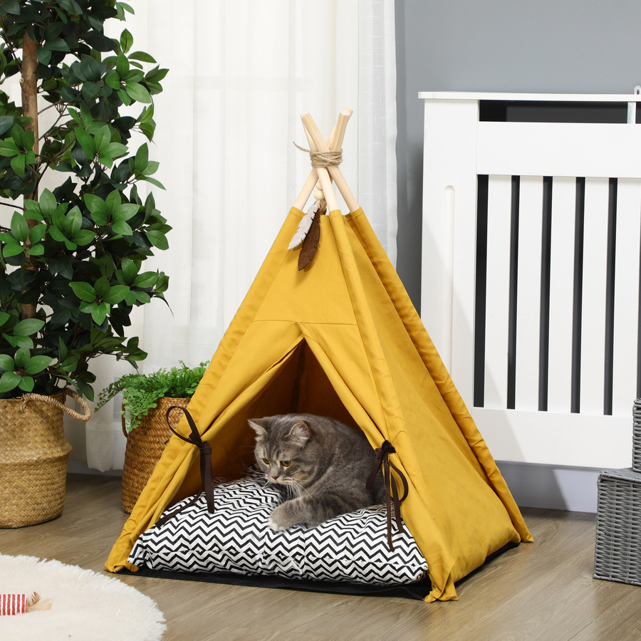 PawHut Tipi-Zelt für Katzen und Hunde aus Kiefernholz mit Kissen und Spielball in Gelb - Bild 2