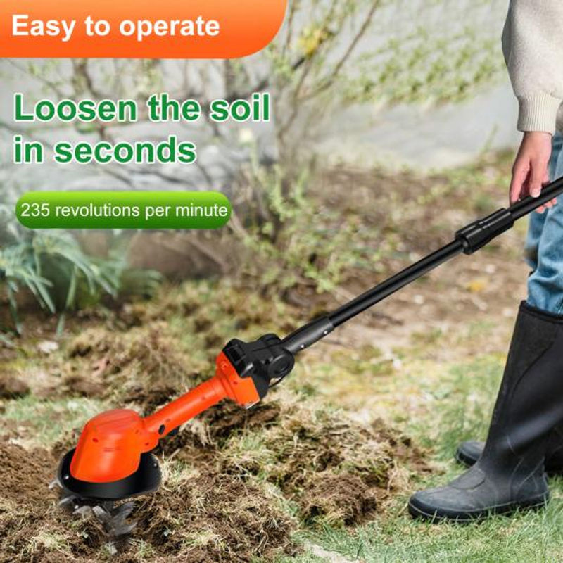 Akku-Mini-Bodenfräse Kultivator mit scharfen Klingen und ergonomischem Design, tragbare elektrische Gartenfräse mit Hilfsrädern und Sicherheitsstartschalter - Bild 5