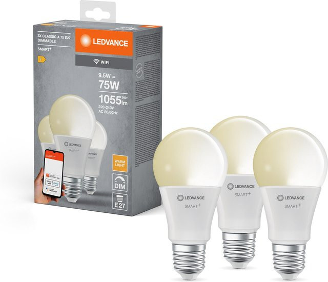 LEDVANCE SMART+ WiFi Classic Dimmable LED-Lampe, 3er Pack, Warmweiß 2700 K, 9,5 W, 1055 lm, Matt, Smartspeaker-Kompatibel - Bild 1