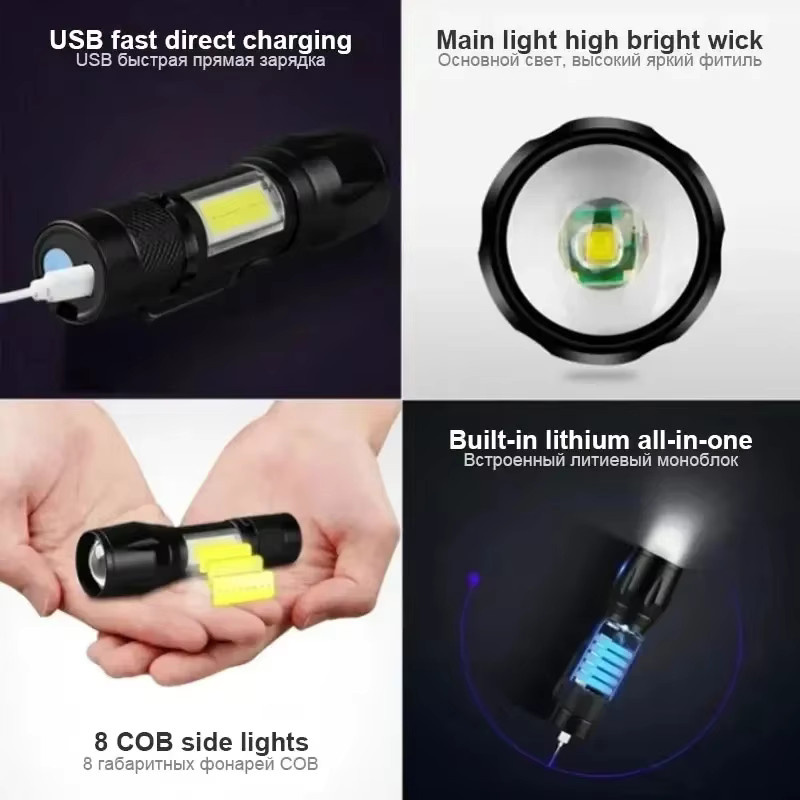 KDULIT Mini-LED-Taschenlampe in Schwarz mit COB und XPE, wiederaufladbar und zoombar mit 3 Modi für Outdoor, Camping und Notfälle - Bild 5
