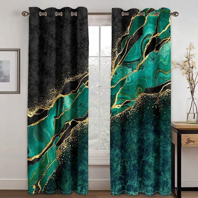 2er Set Luxus Verdunkelungsvorhänge aus Mikrofaser in Schwarz-Gold mit 3D-Grafikdesign und Ösen, Breite: 150 cm, Höhe: 166 cm - Bild 1