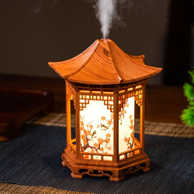 Seavidar Pavillon-Luftbefeuchter im chinesischen Stil mit Nachtlicht, tragbarer Ultraschall-Vernebler in Braun, USB-betrieben für Zuhause, Büro und Auto - Bild 1