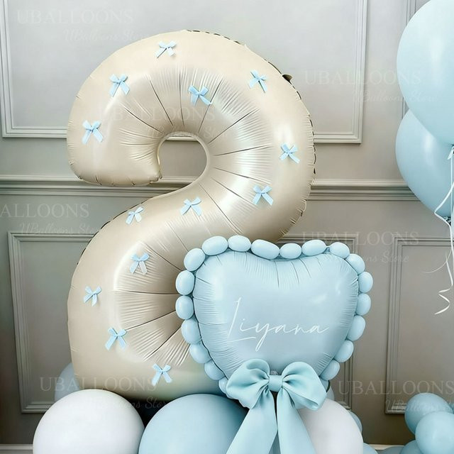 32-Zoll Zahlenballon in Creme mit blauen Schleifen für deine Geburtstags- oder Babyparty-Dekoration - Bild 1