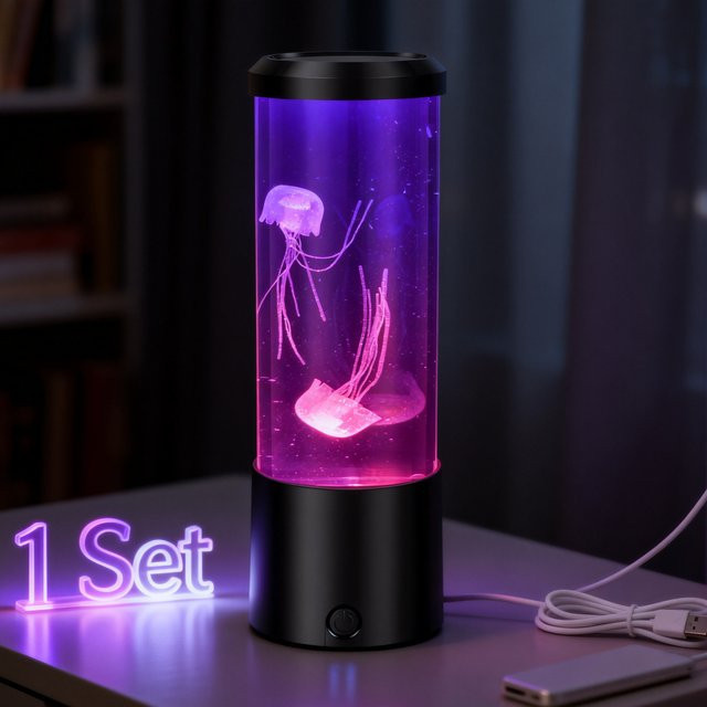LED Quallen Lava Lampe als dekoratives Mini Aquarium mit USB-Anschluss, Multicolor, Schwarz - Bild 1