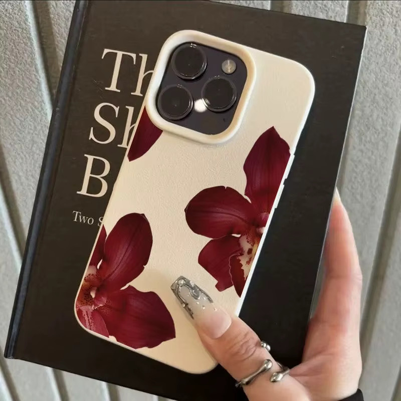 Handyhülle mit Lychee-Struktur und Orchideenmuster für Apple iPhone 17, 16, 15 Serien in Beige und Multicolour - Bild 4