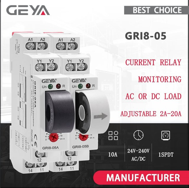 GEYA GRI8-05 Stromüberwachungsrelais für AC oder DC mit geradem Durchgang, 2 A bis 20 A, AC 24 V bis 240 V, Überstrom- und Unterstromschutz, Farbe: Weiß - Bild 1