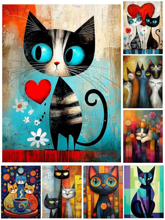 Potdemiel 5D Diamant Malerei Geometrische Katze Wandbild DIY Diamant Stickerei Multicolor - Bild 4