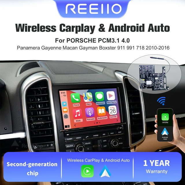 REEIIO Kabelloses CarPlay und Android Auto Interface für Porsche mit PCM 3.1, Schwarz, kompatibel mit Panamera, Macan, Cayenne, Boxster, 911 und Cayman (Baujahre 2010–2016) mit Bluetooth - Bild 1