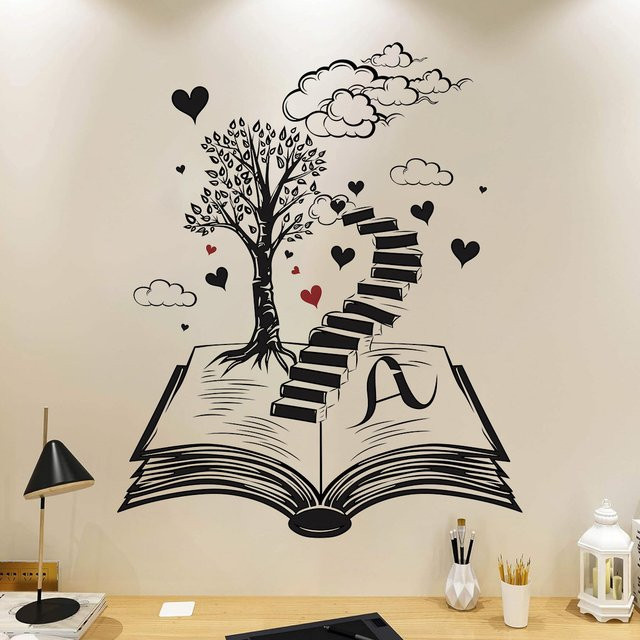 Kreativer Wandaufkleber Buchwelt mit Herz und Baum in Schwarz für dein Wohnzimmer oder Büro - Bild 1