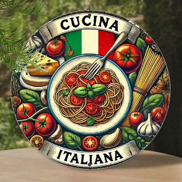 Potdemiel Wandkunst Spaghetti Carbonara Design in den Farben der italienischen Flagge, wetterbeständige 2D-Küchendekoration, Mehrfarbig, Durchmesser: 20 cm - Bild 1
