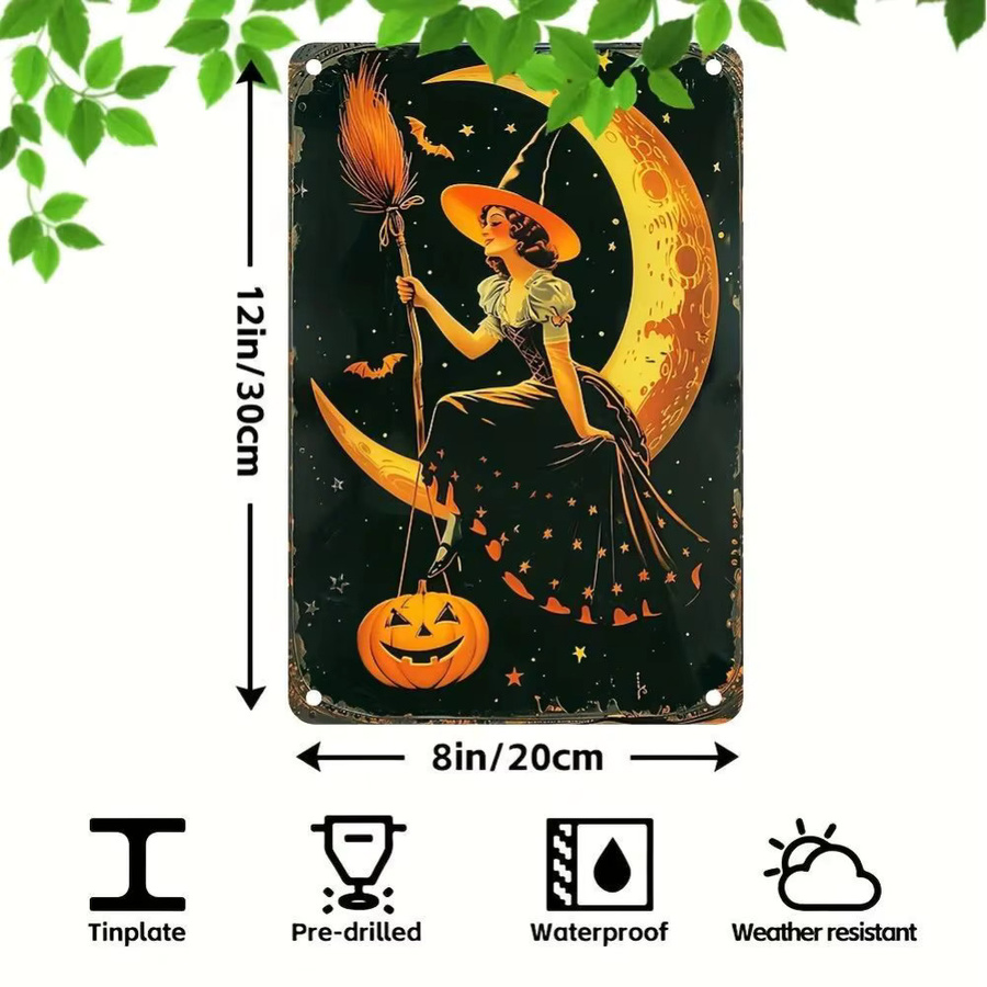 CIFBUY Vintage Halloween Metallblechschild mit Hexen- und Mondmotiv, Multicolor, B: 30,48 cm, H: 20,32 cm - Bild 2
