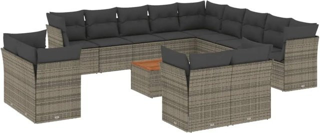 vidaXL 14-tlg Garten-Sofagarnitur aus Poly Rattan und Akazienholz in Grau mit Kissen Modell 11 - Bild 1