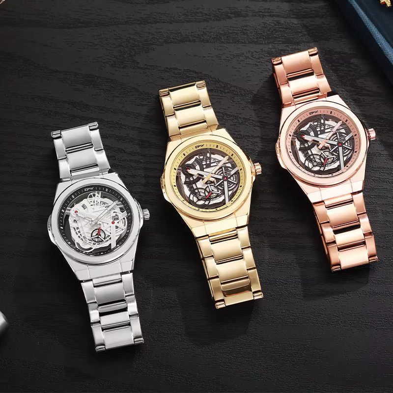 TPW Armbanduhr Skeleton, Quarz, Edelstahl, Gold, Herren, Datum - Bild 3