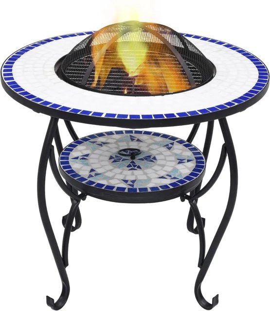 vidaXL Feuertisch mit Mosaik-Keramik in Blau-Weiß inklusive Grillfunktion und Sicherheitsgitter, Durchmesser: 68 cm, Höhe: 60 cm - Bild 1