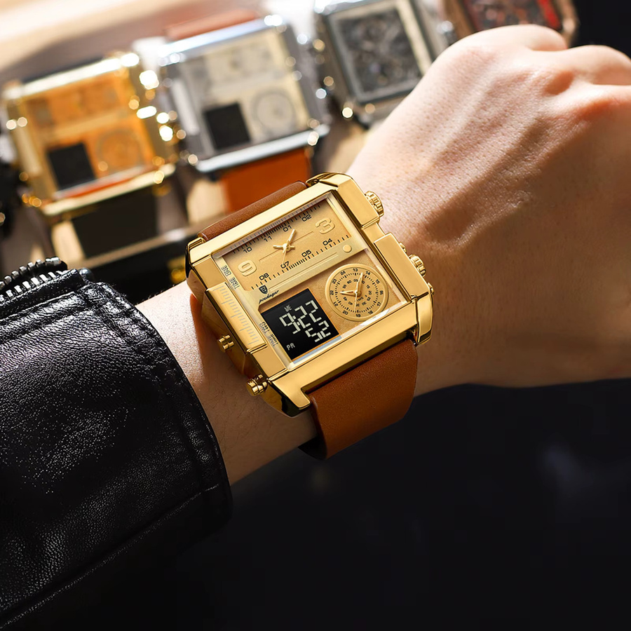 POEDAGAR Digitaluhr, Quarz, Schwarz, Gold, Leder, Herren - Bild 5