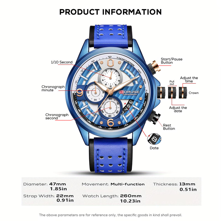BORUSE Armbanduhr, Quarz, Leder, Blau, Herren - Bild 2