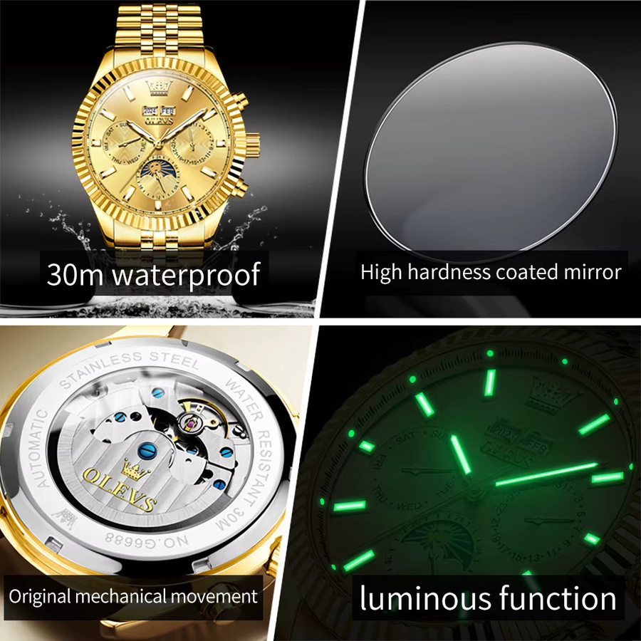 OLEVS Armbanduhr Automatik, Mondphase, Doppelkalender, Gold, Edelstahl, Herren - Bild 4