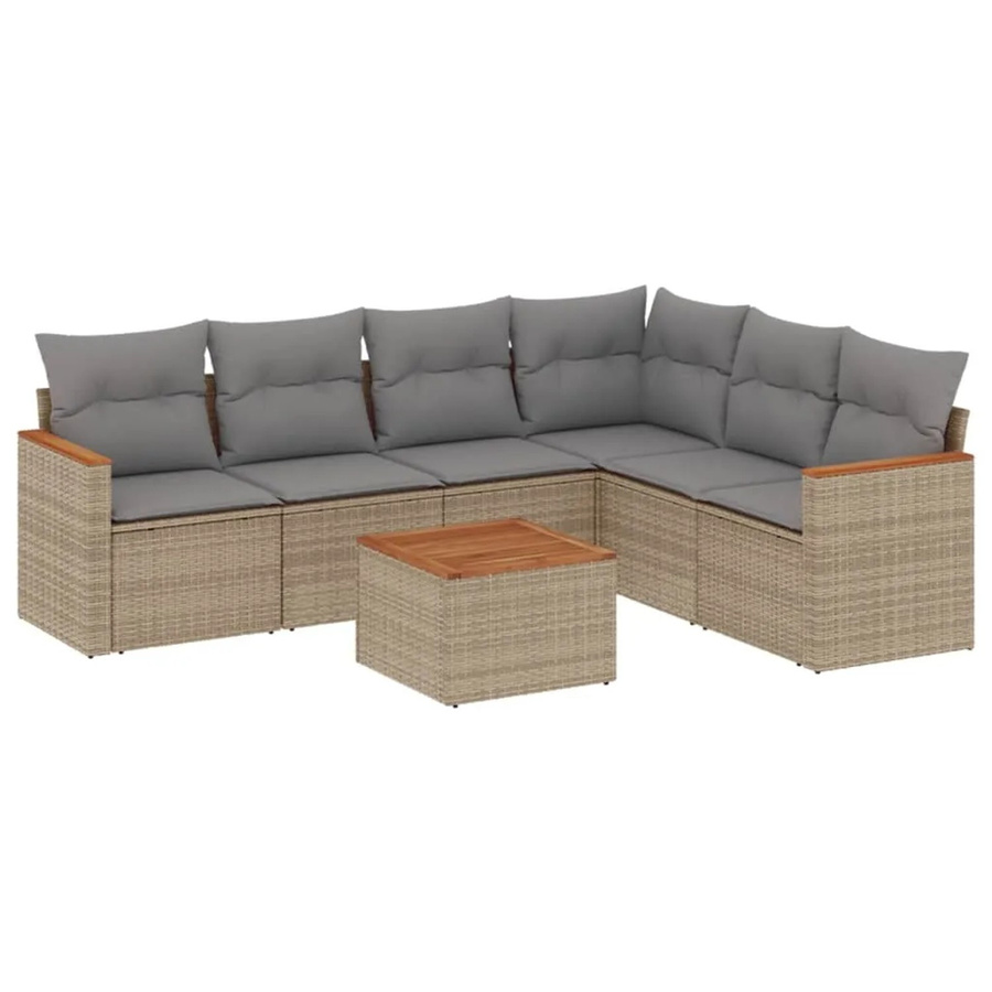 vidaXL 7-tlg Garten-Sofagarnitur aus Poly-Rattan und Akazienholz in Beige mit Kissen Modell 150 - Bild 2