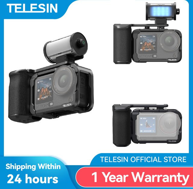 TELESIN Hand Grip Aid Fernbedienung Kit aus Aluminiumlegierung für DJI OSMO Action6 in Schwarz mit Kaninchen Käfig und Quick Release Schutzhülle - Bild 1