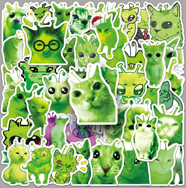 50 Stück GOGOTU Alien-Katzen-Meme-Aufkleber in Grün für Laptop, Telefon und Skateboard - Bild 1