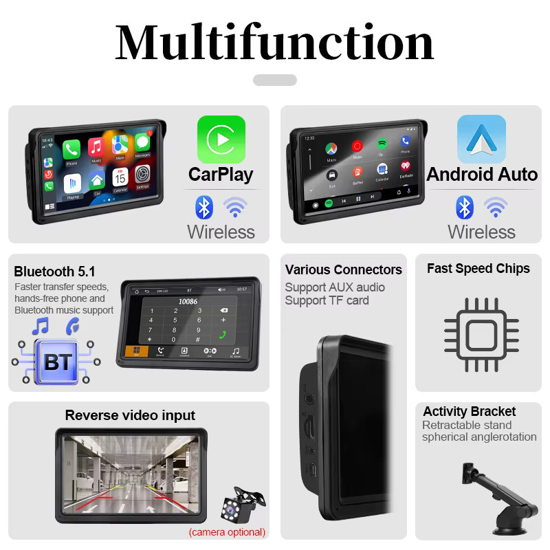 Hippcron 7-Zoll Tragbares Autoradio mit Android Auto und Wireless CarPlay, Multimedia-Videoplayer mit Touchscreen und GPS-Navigation, Schwarz - Bild 2