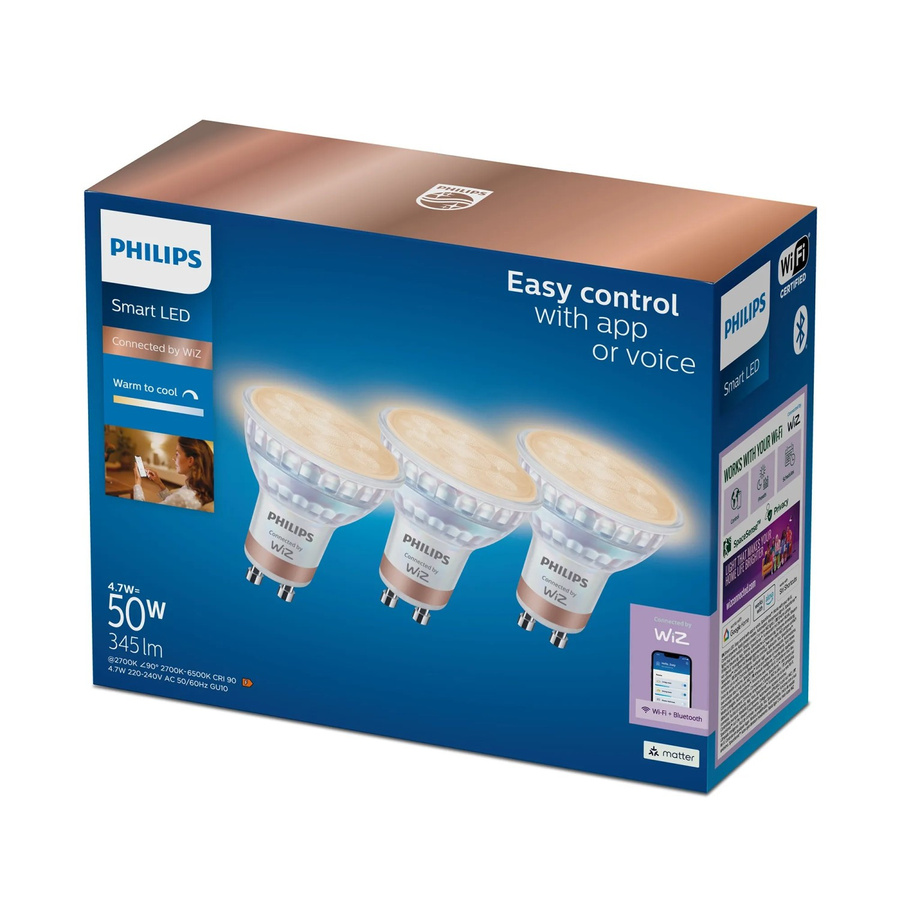Philips WiZ LED Leuchtmittel GU10 3er Set, Warmweiß 2.700 K, 5 W, 1200 Lumen, Smart Home kompatibel mit Amazon Alexa, Apple Homekit und Google Home - Bild 2