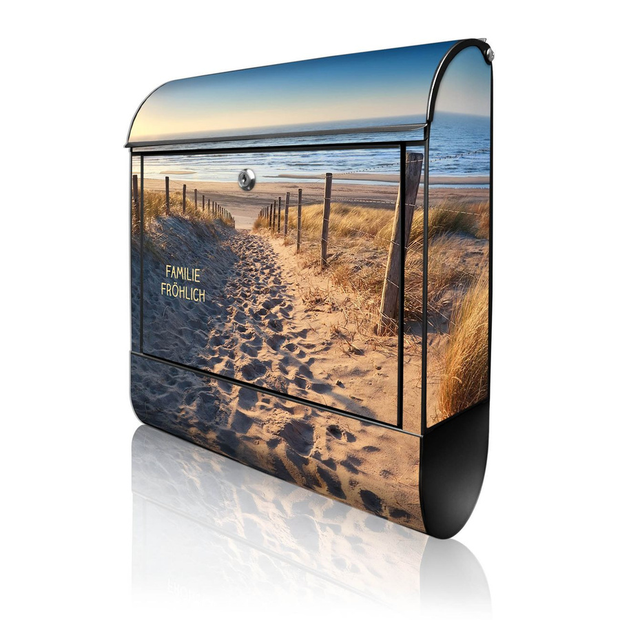 banjado Manufaktur Briefkasten mit Motiv Nordseestrand in Schwarz Bunt mit Zeitungsfach, H x B x T: 38 x 47 x 13 cm - Bild 1