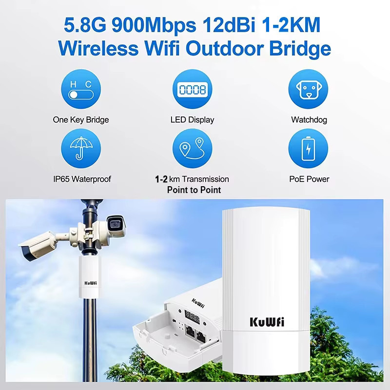 KuWFi Outdoor Bridge 5 GHz WLAN Repeater CPE200 WiFi Extender mit 900 Mbit/s, Punkt-zu-Punkt Verbindung bis zu 2 km, IP65 wasserdicht, Weiß - Bild 2
