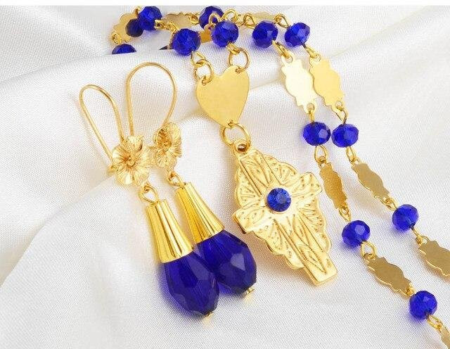 Schmuck-Set Anniyo, Halsketten, Ohrringe, Blumen- und Kreuz-Anhänger, Kristallperlen, beige, 60cm, Unisex - Bild 1